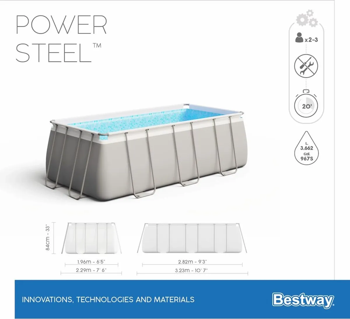 Bestway Power Steel Rectangular zwembad - 282 x 196 x 84 cm - met filterpomp en accessoires