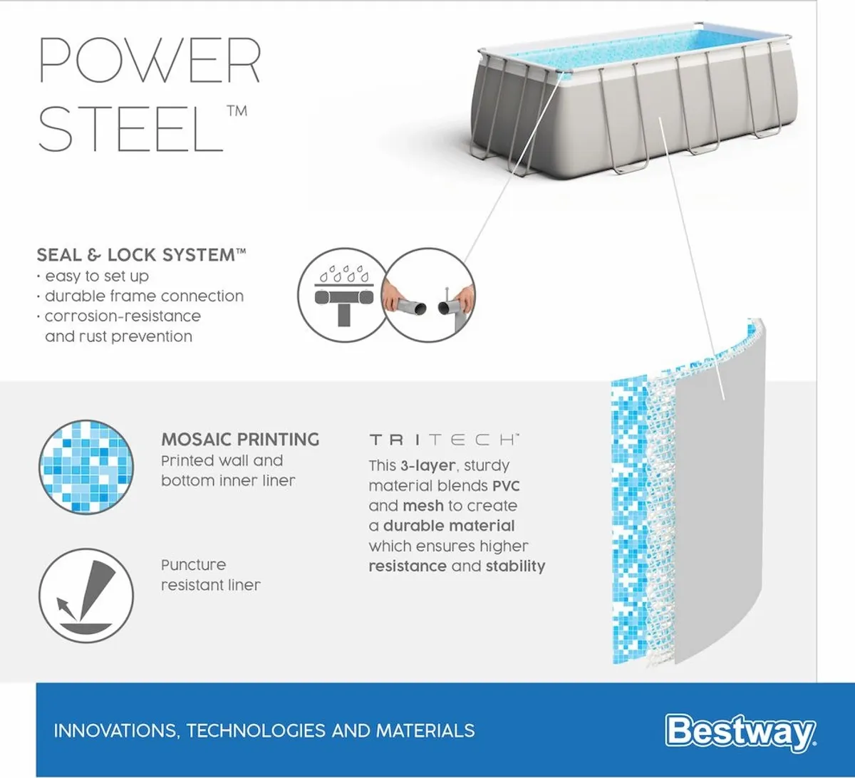 Bestway Power Steel Rectangular zwembad - 282 x 196 x 84 cm - met filterpomp en accessoires